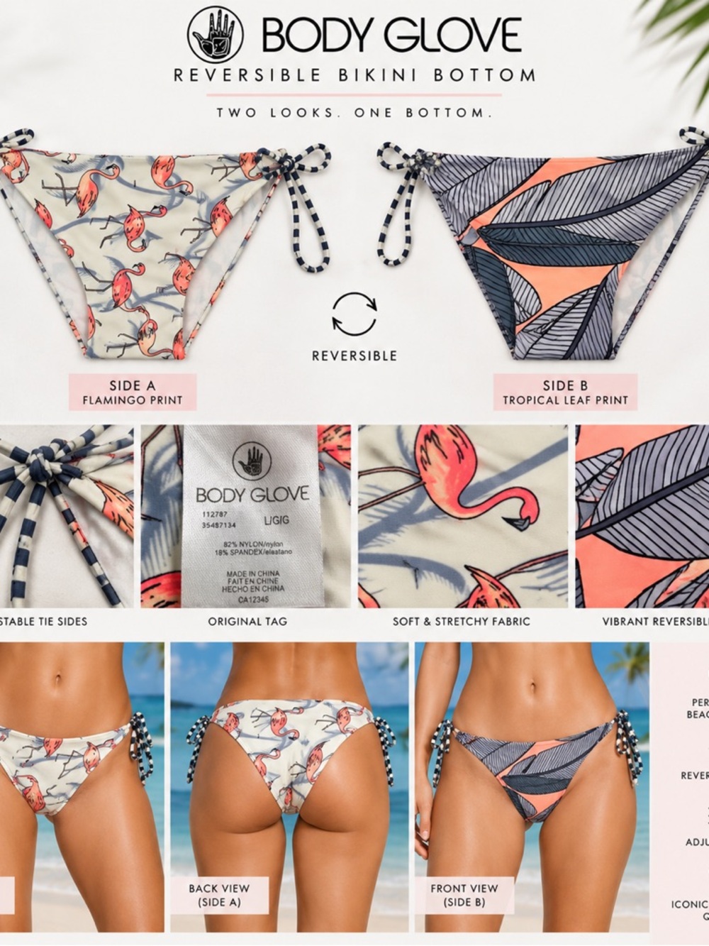 Body Glove Reversible Flamingo Tropical Bikini Bottom Size L/G Tie Side NWOT